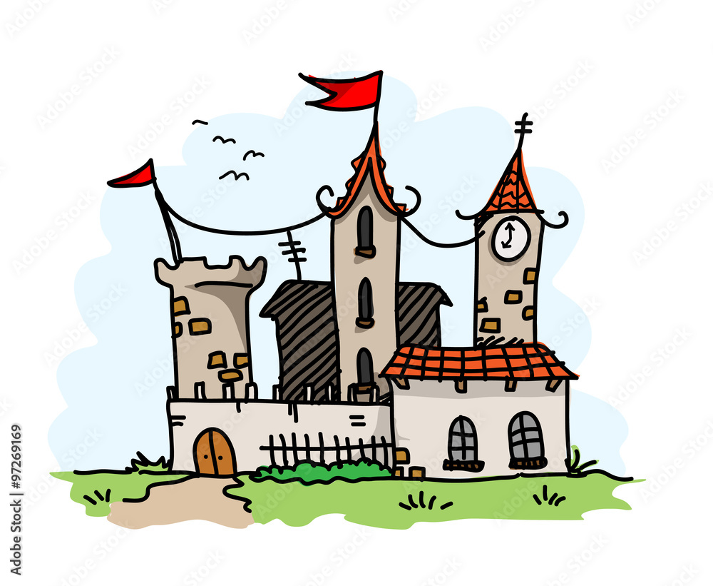 Medieval Mansion, a hand drawn vector illustration of a medieval ...