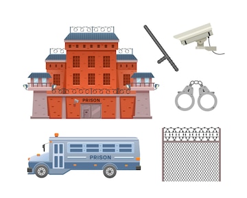 Premium Vector | Set of prison prison building prison bus ...
