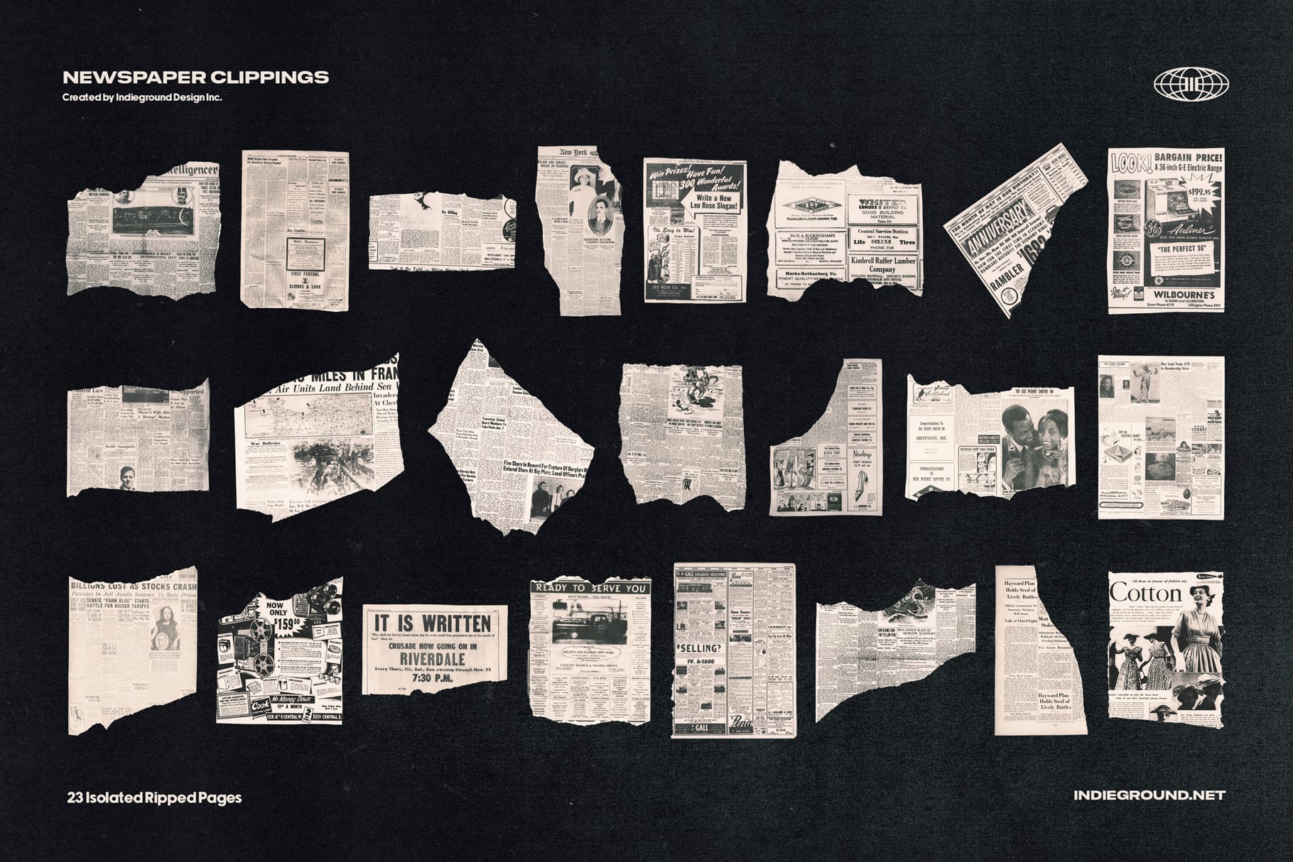 NewsPaper Clippings PNGs | 150+ Retro Cutouts | Indieground