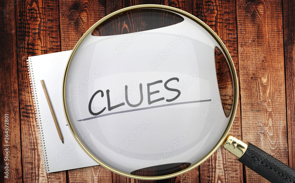 Study, learn and explore clues - pictured as a magnifying glass ...