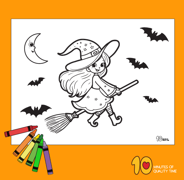 coloring pages of witches on a broom