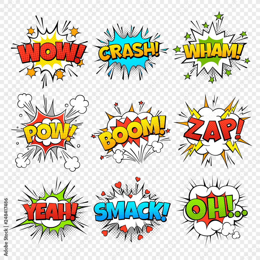 Comic bubbles. Funny comics words in speech bubble frames. Wow ...
