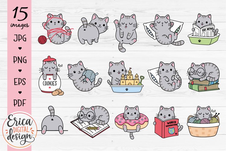 Funny Cats Clipart Bundle 15 cute images Gray cats Animals