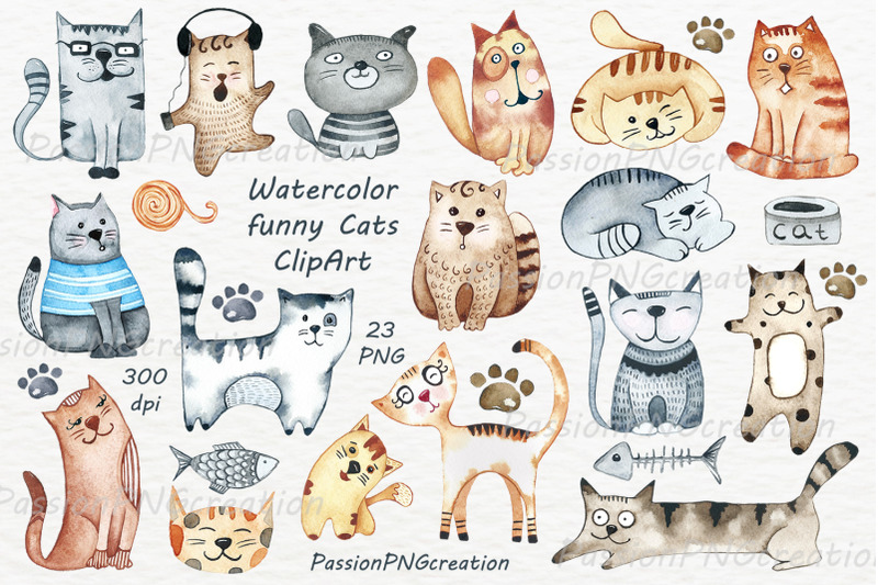 Watercolor funny Cats Clipart By PassionPNGcreation | TheHungryJPEG