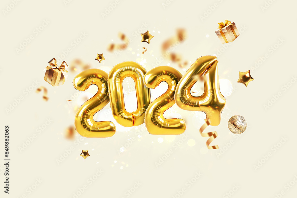 Photo &amp; Art Print Happy new year 2024 golden balloons with gold ...