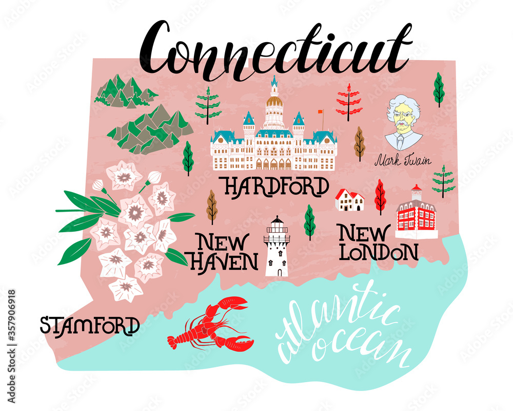 Illustrated map of Connecticut, USA. Travel and attractions. Stock ...