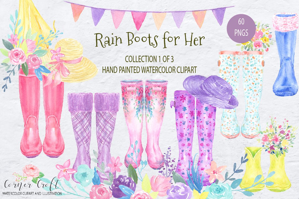 Watercolor Rain Boots for Her, Watercolor Clip Art