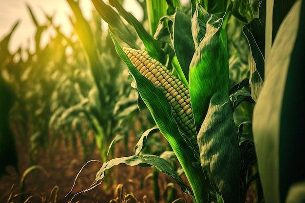 Close up of a cornfield selective attention Plantation of green ...
