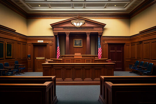 Court of the USA. Courtroom of United States. American flag in ...