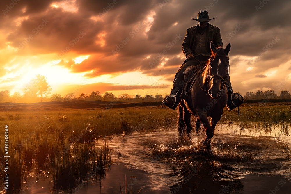 cowboy on a horse in the field rides against the background of the ...