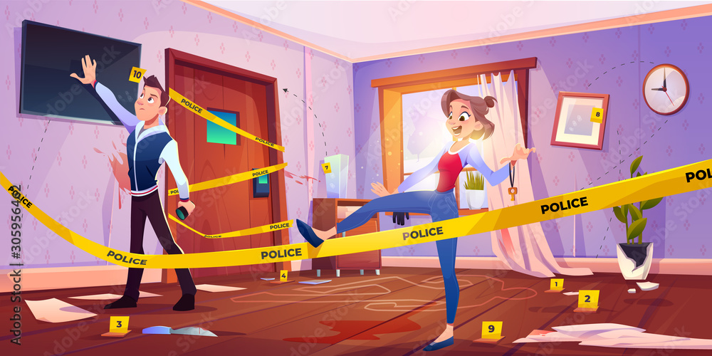 Quest escape room with crime scene, man and woman searching exit ...