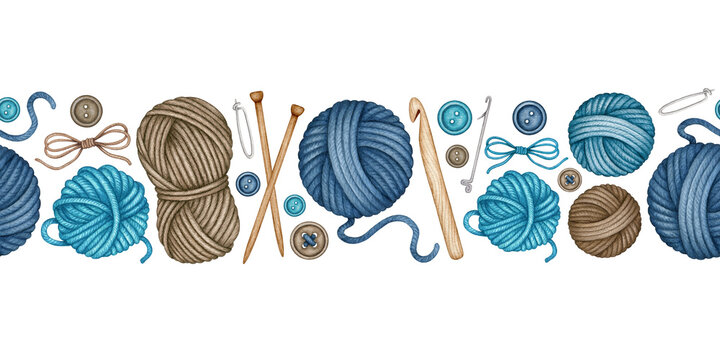 Watercolor Knitting and Crocheting tools seamless pattern. Wooden ...