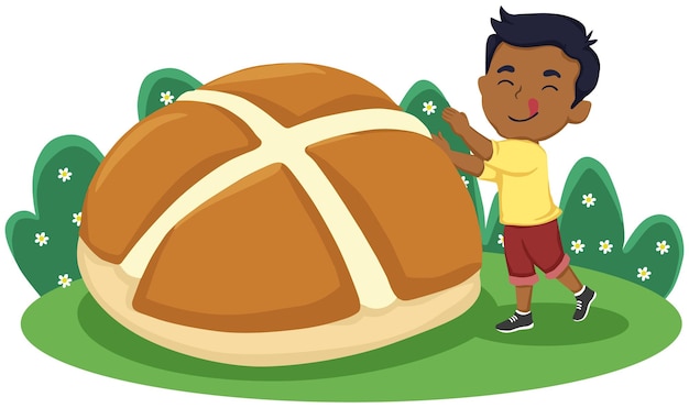 Premium Vector | A boy standing next to a giant bread with a cross ...