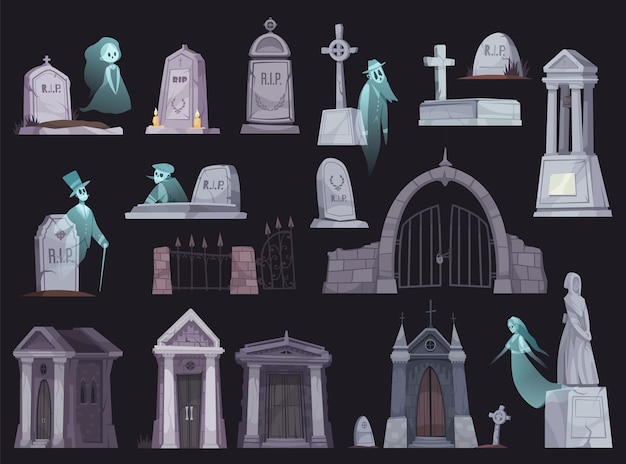 Free Vector | Cartoon icons set with old cemetery fence chapel ...