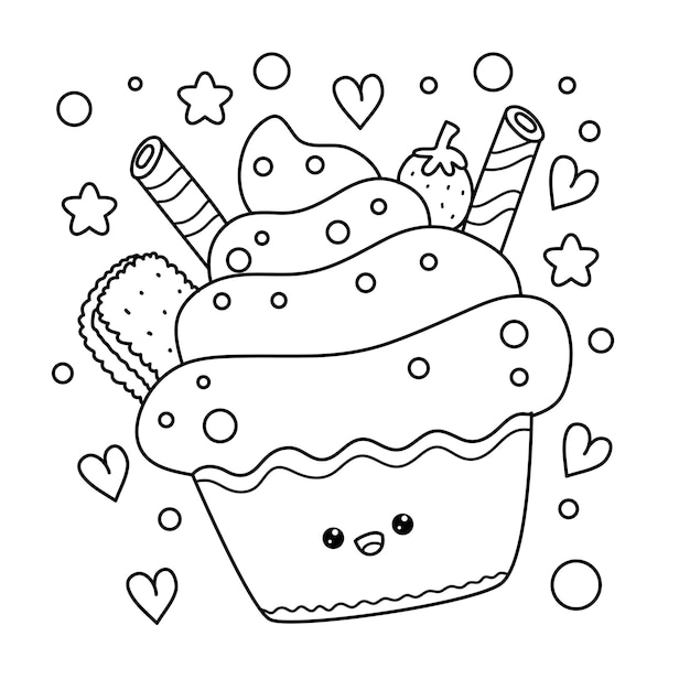 Premium Vector | Kawaii cupcake coloring page illustration