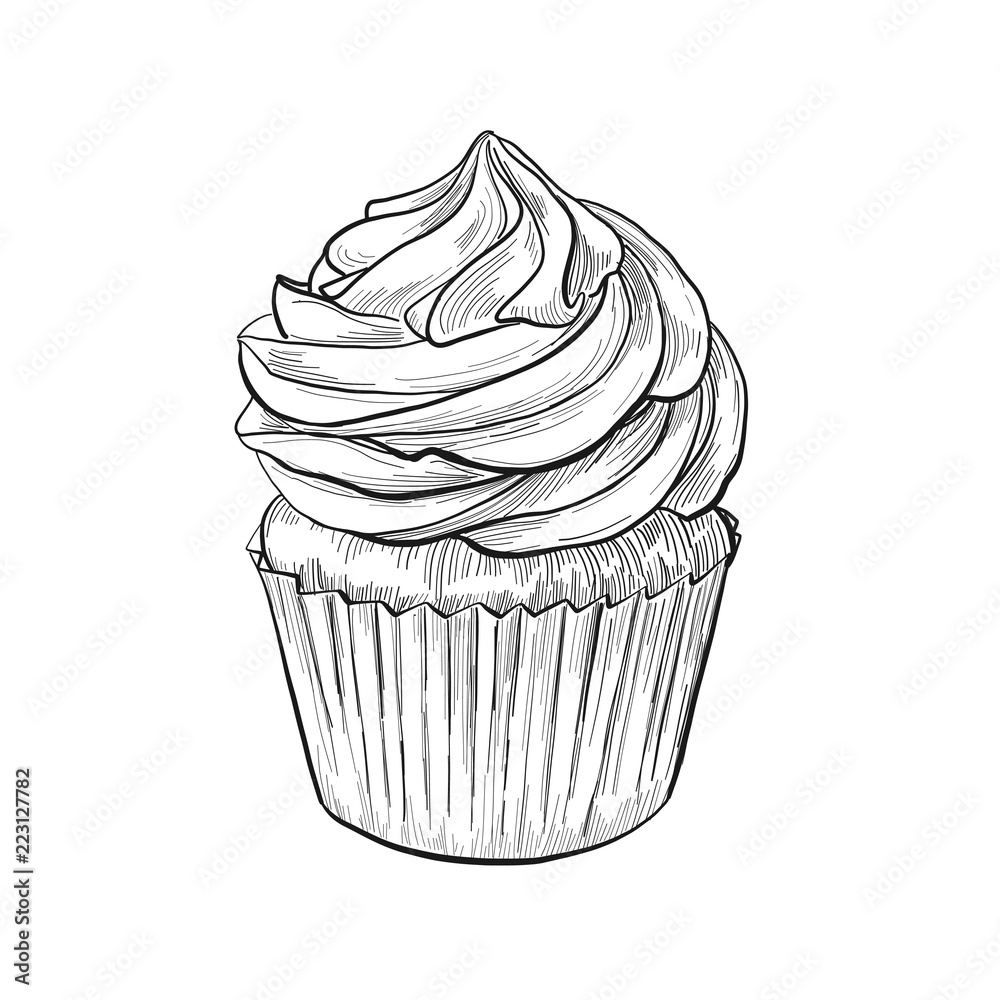 Hand drawn cupcake sketch, black and white ink line art, vintage ...