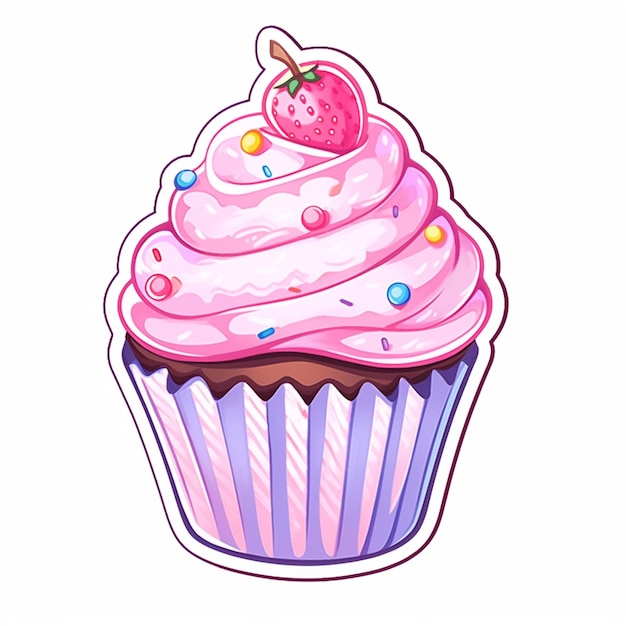 Cartoon cupcake with pink frosting and a cherry on top generative ...