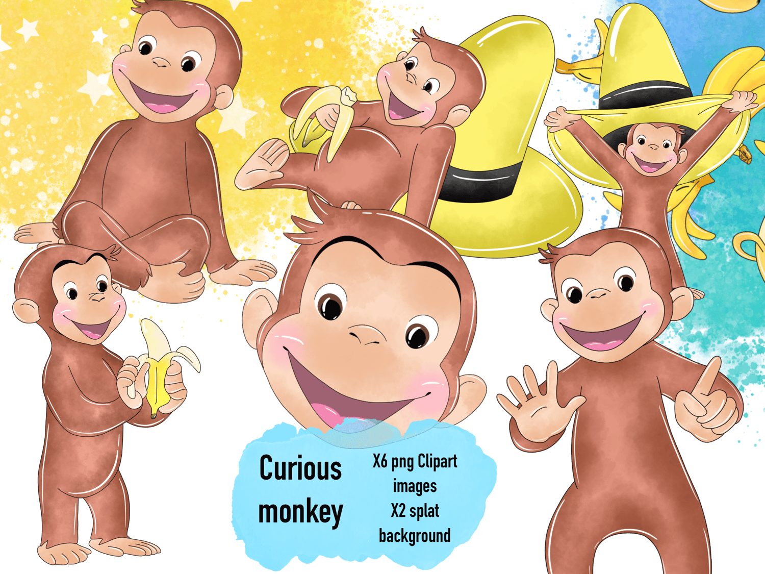 curious monkey clipart pack 300dpi watercolor - Payhip