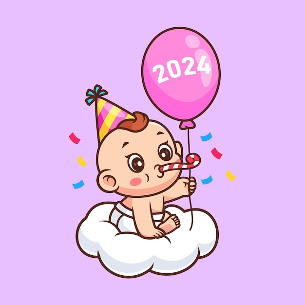 Free Vector | Cute Baby Holding Balloon New Year Party 2024 On ...