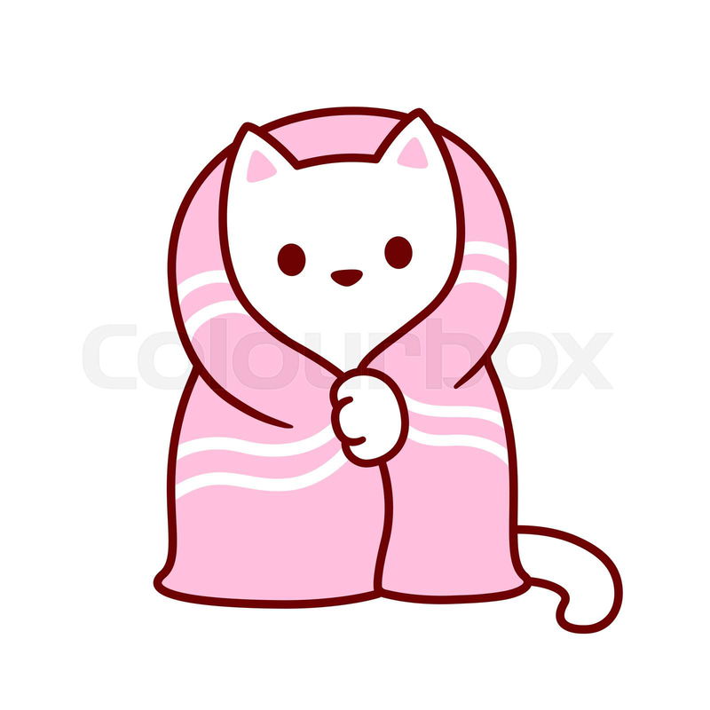 Cute cartoon cat with blanket. Kawaii white kitten in cozy p ...