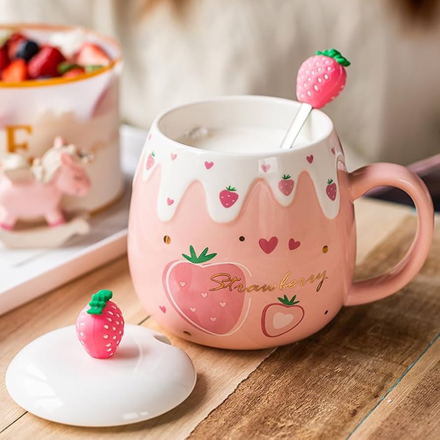 Pink Mug, Kawaii Strawberry Mug, Cute Ceramic Coffee Mug with Lid and  Beautiful Spoon, Cute Coaster, Cute Thing, Korean Mug for Girls and Women  (Large ...