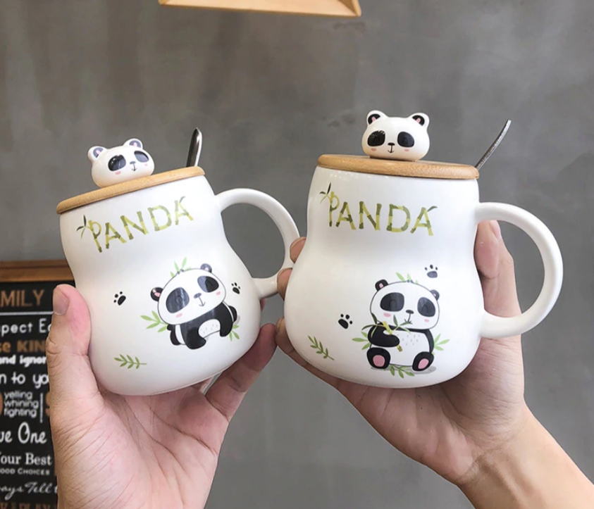 400ml Kawaii Panda Niedliche Cartoon Keramik Becher mit Bambusdeckel  Getränk Kaf