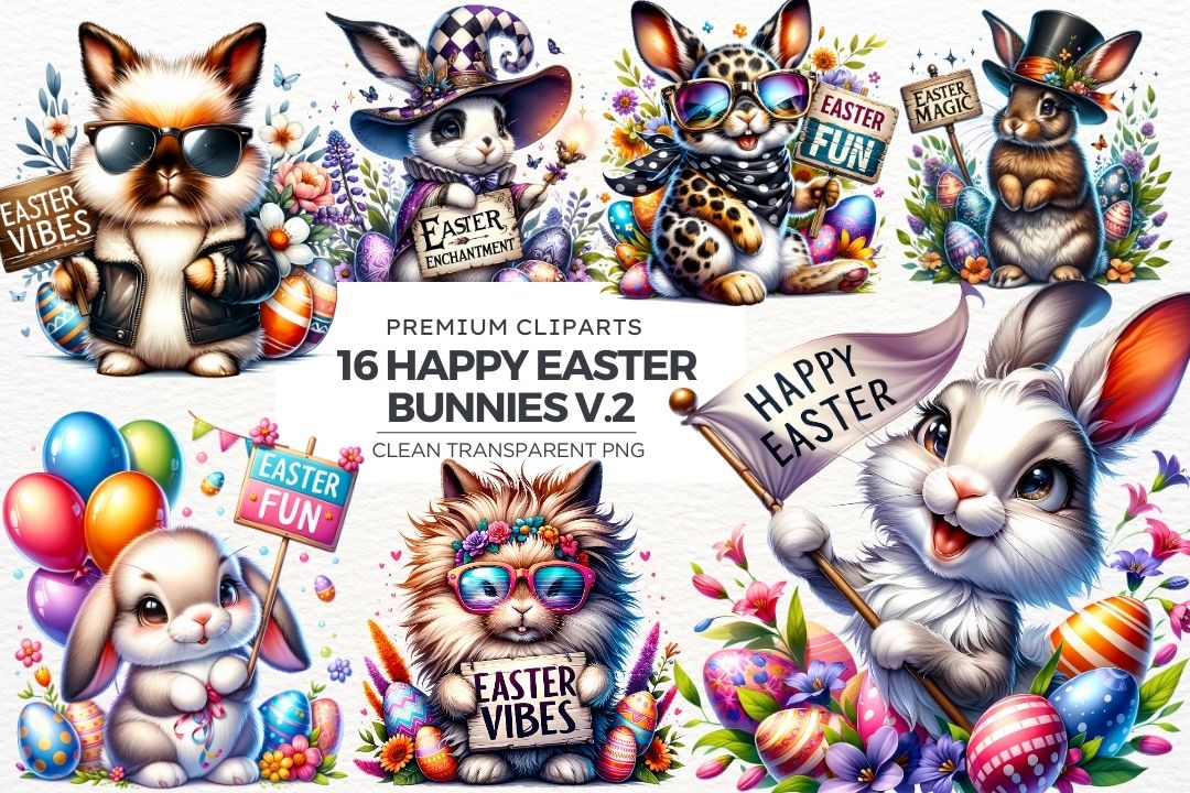Watercolor Happy Easter Bunny clipart Set for sublimation v2