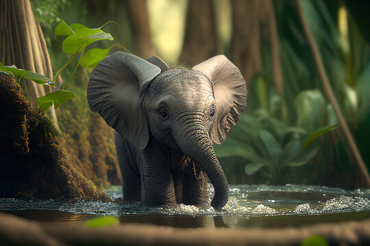 Illustration portrait of a cute baby elephant in the jungle ...