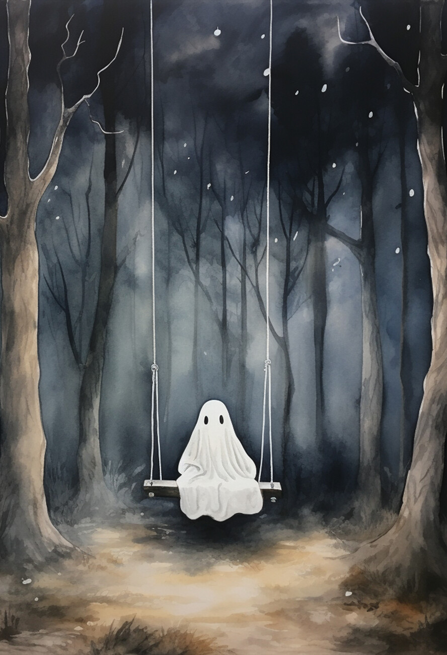 Illustration Ghost on Swing, Ghost Painting, October Painting, Cute Ghost