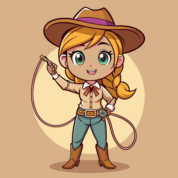 Cute Cowgirl Girl with a Rope Lasso Cartoon Vector | Premium AI ...