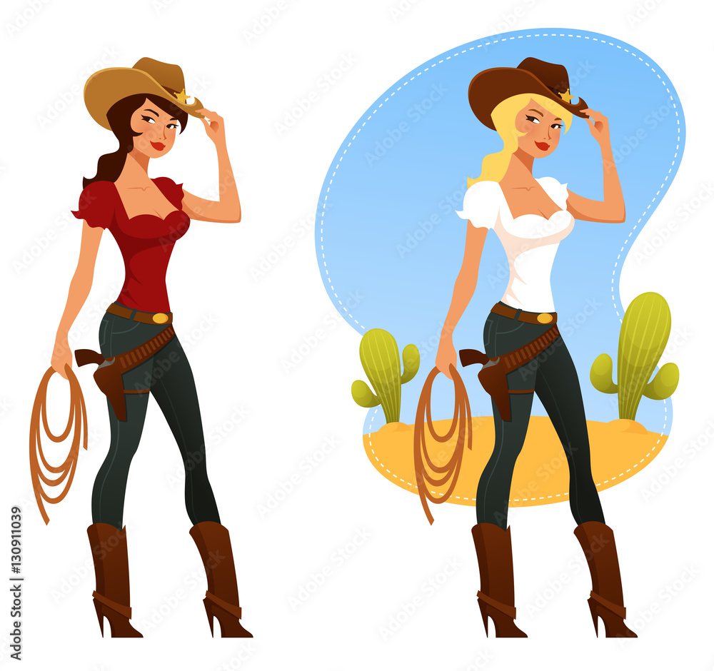 Stock-Vektorgrafik „cute cartoon rodeo girls with lasso and cowboy ...