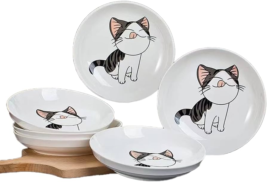 Set of 5 Cute Cat Design Ceramic Plates 18.5cm Porcelain Dessert Plates  Ceramic Dessert Plates for Steak Pasta Pizza Appetizers (Dishwasher and ...