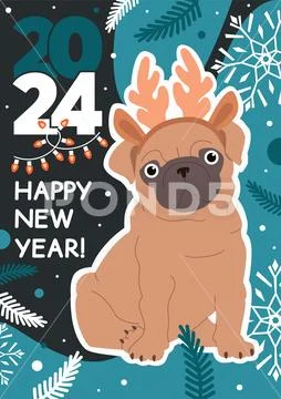Happy New Year 2024 poster with a cute pug dog and winter elements ...