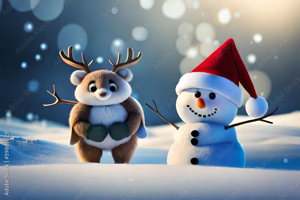 Poster, Wandbilder Cute happy snowman and Cute Christmas reindeer.  Generative AI, 40x26.7 cm