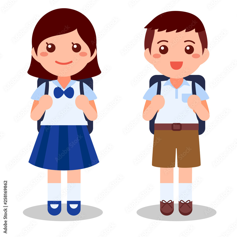 Cute thai student on white background. Flat cartoon vector ...