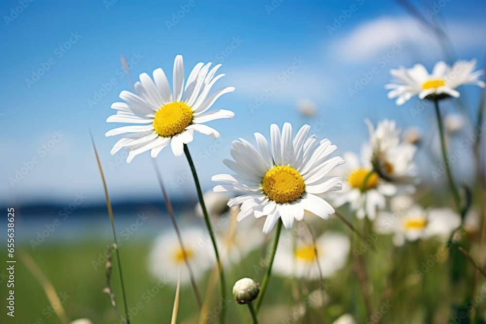 Poster, Wandbilder daisy flowers leaning towards each other in a windless  field, 40x26.7 cm