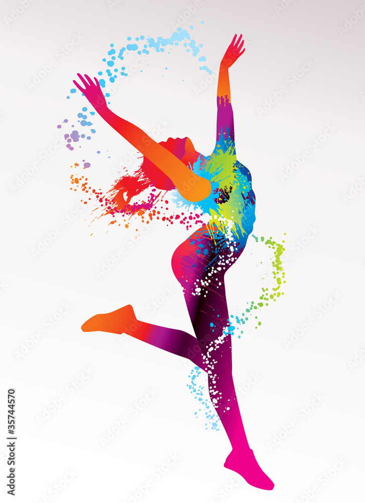 Poster, Wandbilder The dancing girl with colorful spots and splashes on a  light bac, 30x40 cm