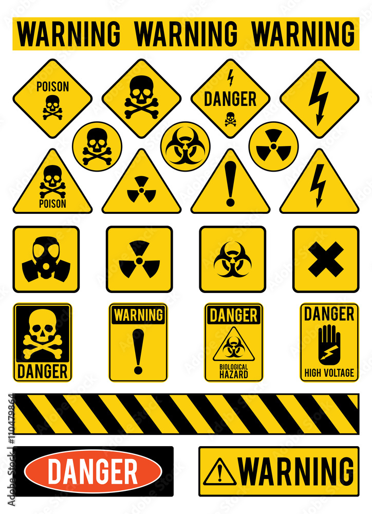 Set of warning signs about the dangers. Danger. Poisons. Warming ...
