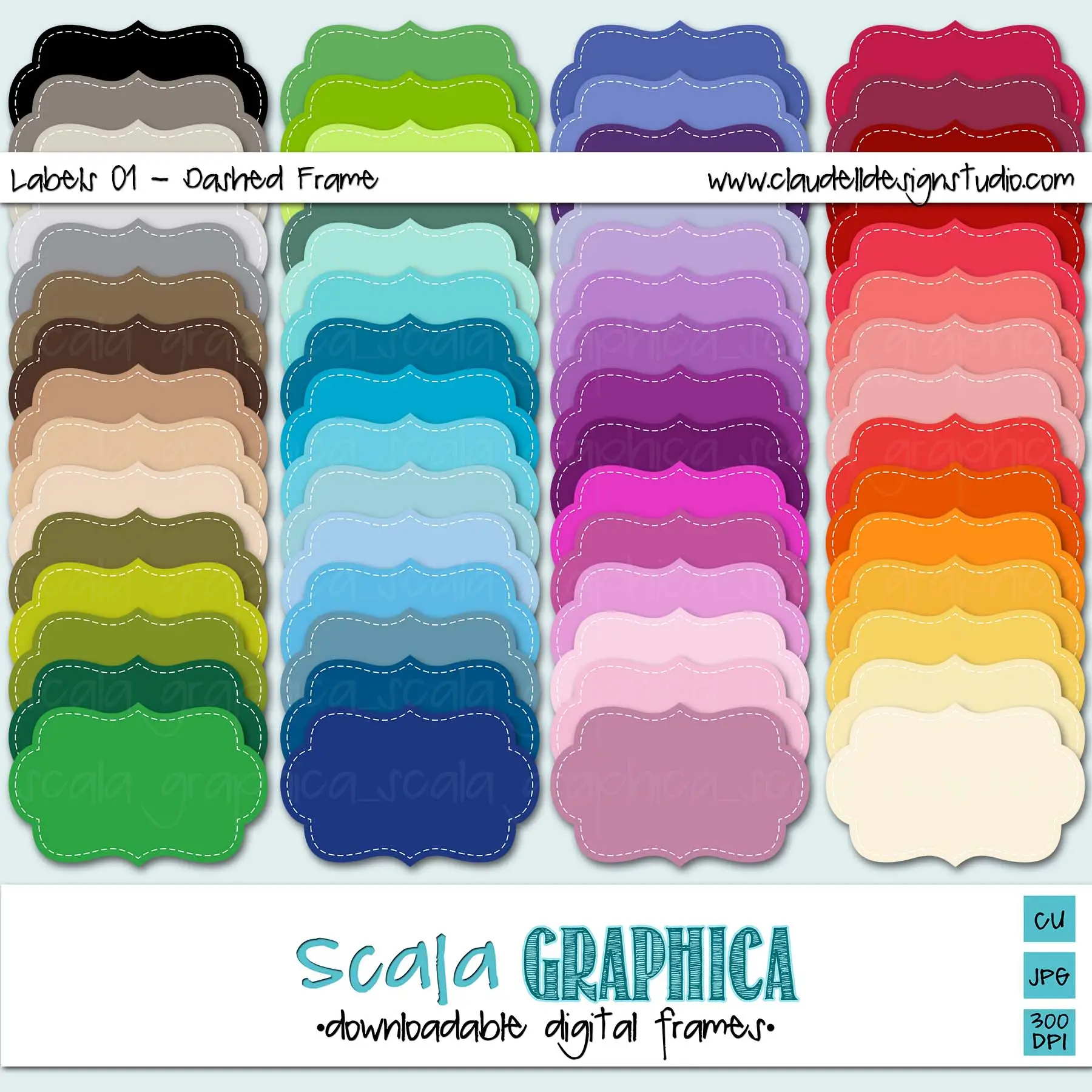 Dashed Frame 01 Digital Labels Pack (100) Printable Rainbow Colors Clipart  | CU - Digital Download - Claudell Design Studio