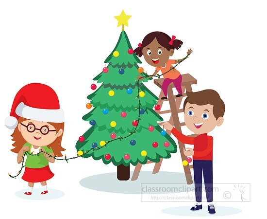 Christmas Clipart-boy two girls decorating christmas tree with ...