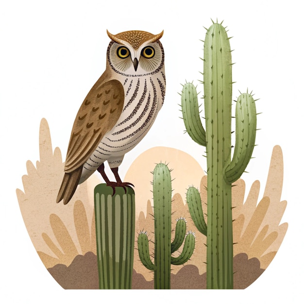 Clip Art of Desert Owl Perched on Cactus with Clean Lines and ...