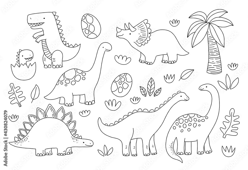 Cute dinosaur outlines in cartoon style. Kids coloring book ...