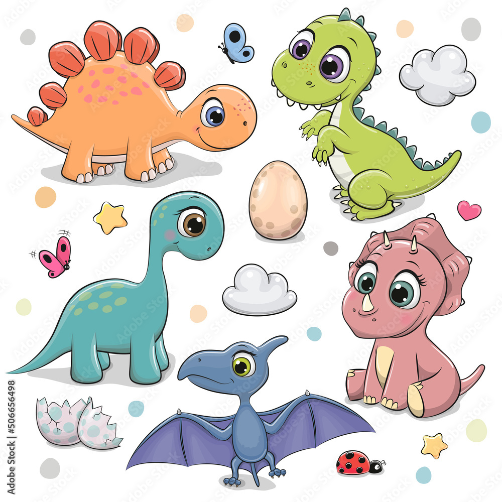 Poster, Wandbilder Cute Cartoon dinosaurs isolated on a white background,  40x40 cm