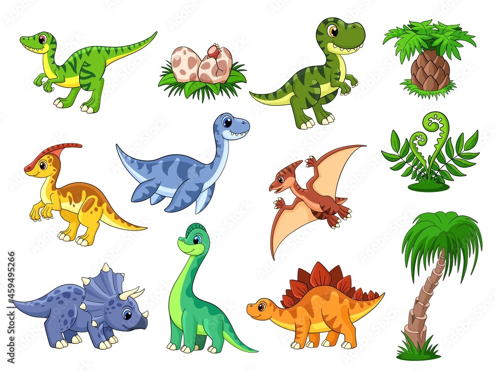 Cartoon dinosaurs. Cute dino, dinosaur and palm. Color wildlife ...