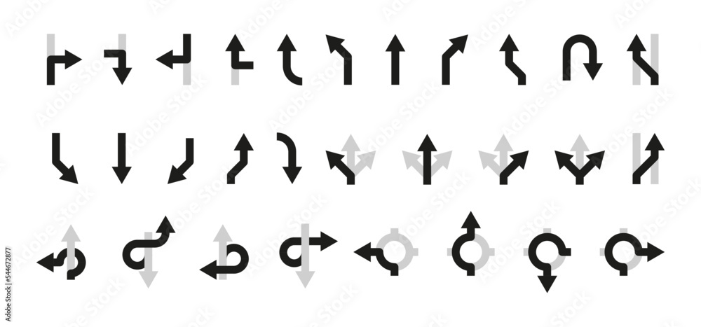 Road navigation arrows. Driving direction mark, location point ...