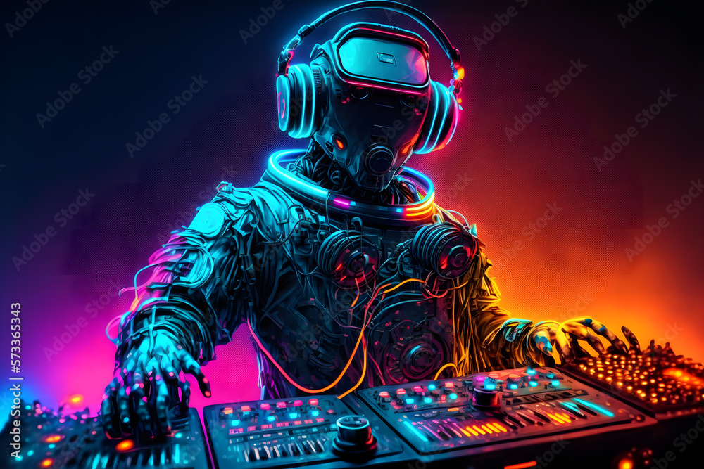 Robot disc jockey at the dj mixer and turntable plays nightclub ...
