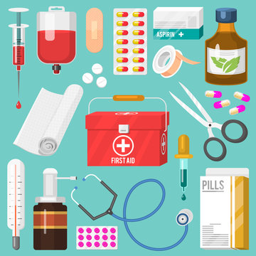 Medical instruments and doctor tools medicament in cartoon style ...