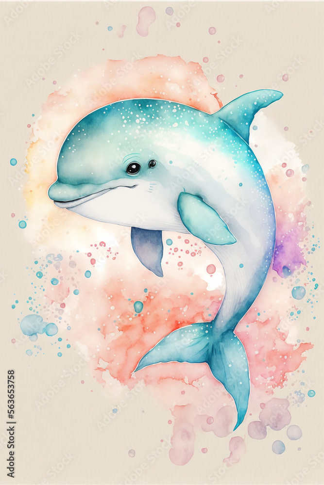 Poster, Wandbilder cute dolphin cartoon. watercolor design. Generative AI,  26.7x40 cm