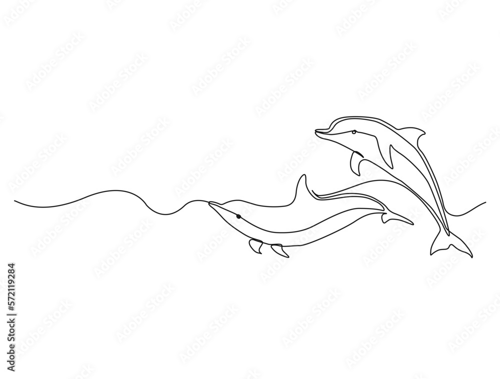 Poster, Wandbilder Continuous one line drawing of dolphin, 40x30 cm