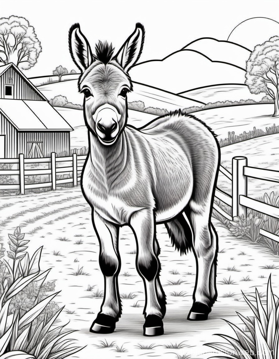 Baby Donkey on Farm Coloring Page | Stable Diffusion Online